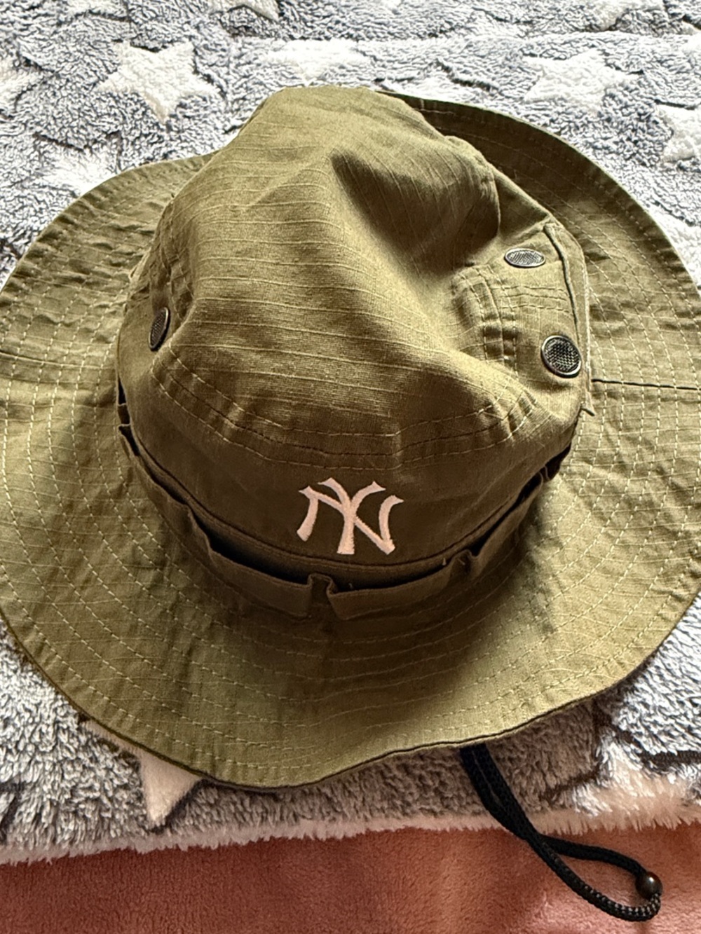 Aime Leon Dore Olive Green Bucket Hat with White NY Yankees Logo